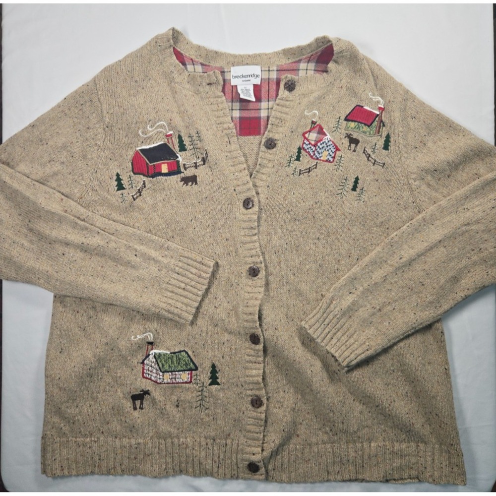 Vtg Cardigan 2XL Embroidered Christmas Moose Bear Trees Beige Breckenridge